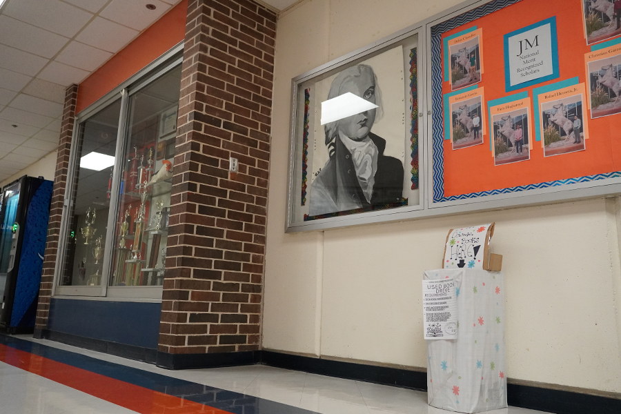 The book donation bin in the main office of the School.